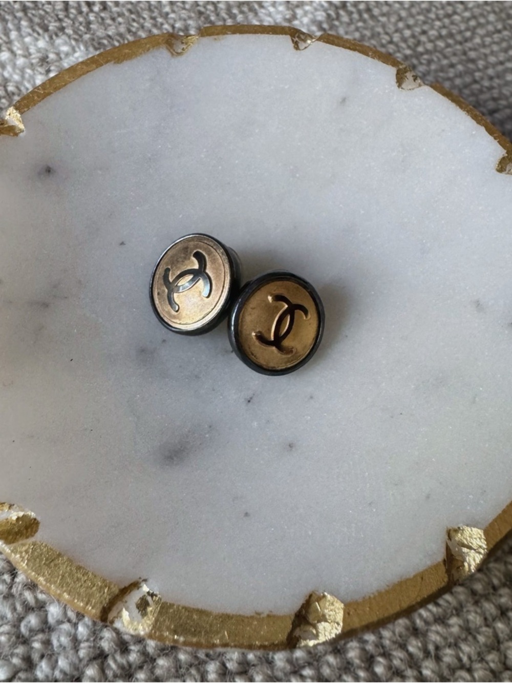 Upcycled Vintage Chanel Button Earrings Gold Tone CC Logo Stud Style - Picture 3 of 6